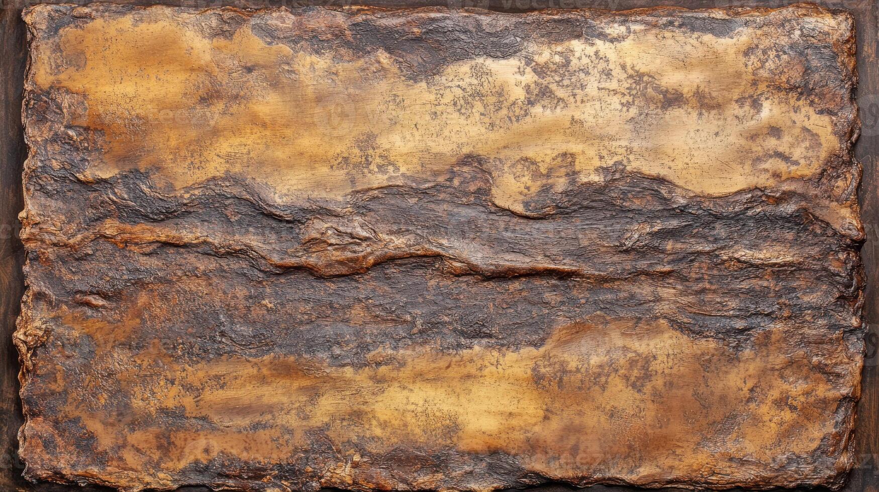 A rustic, brown and gold painting on a wooden surface photo