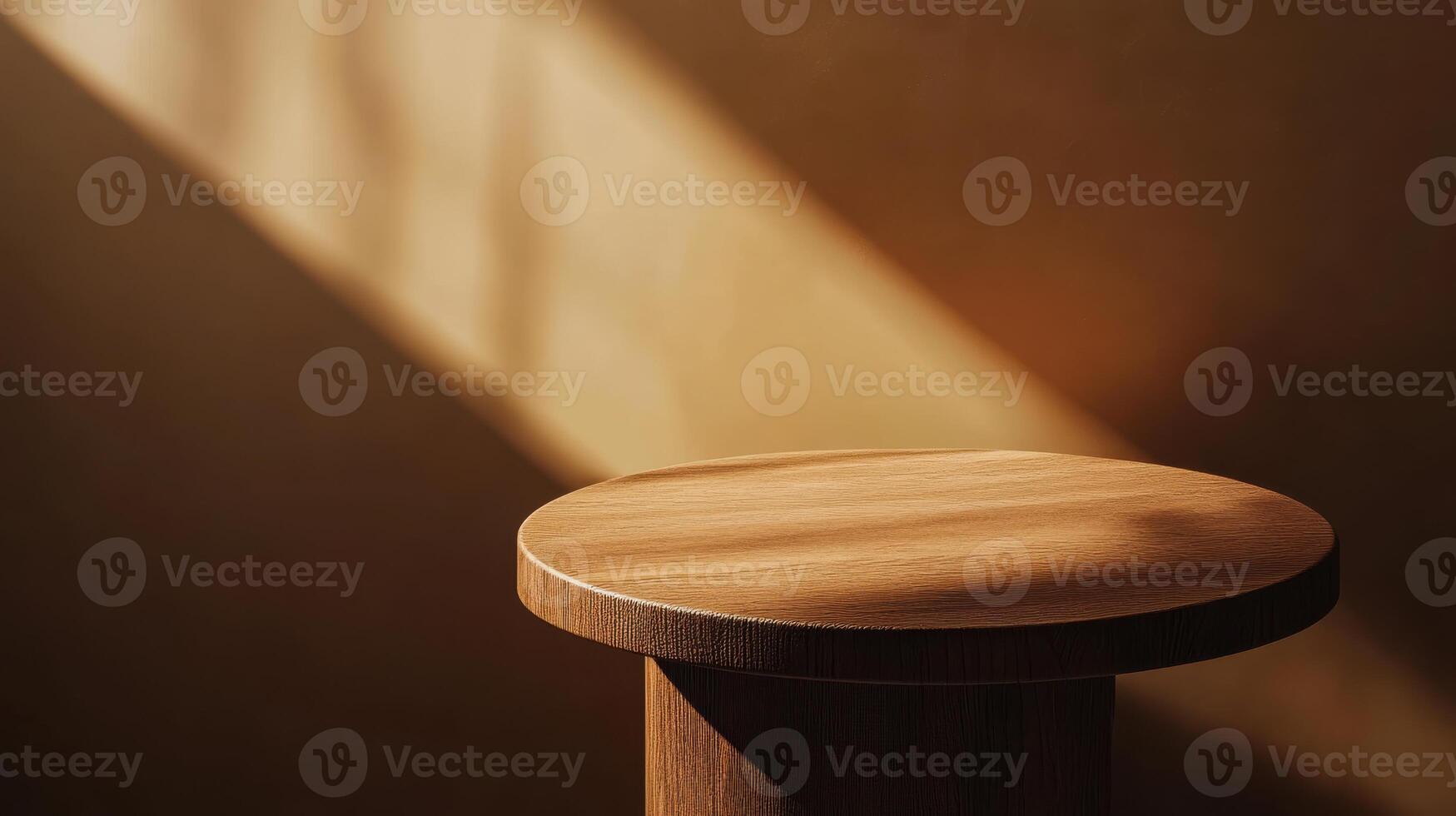 A wooden stool in front of a wall photo
