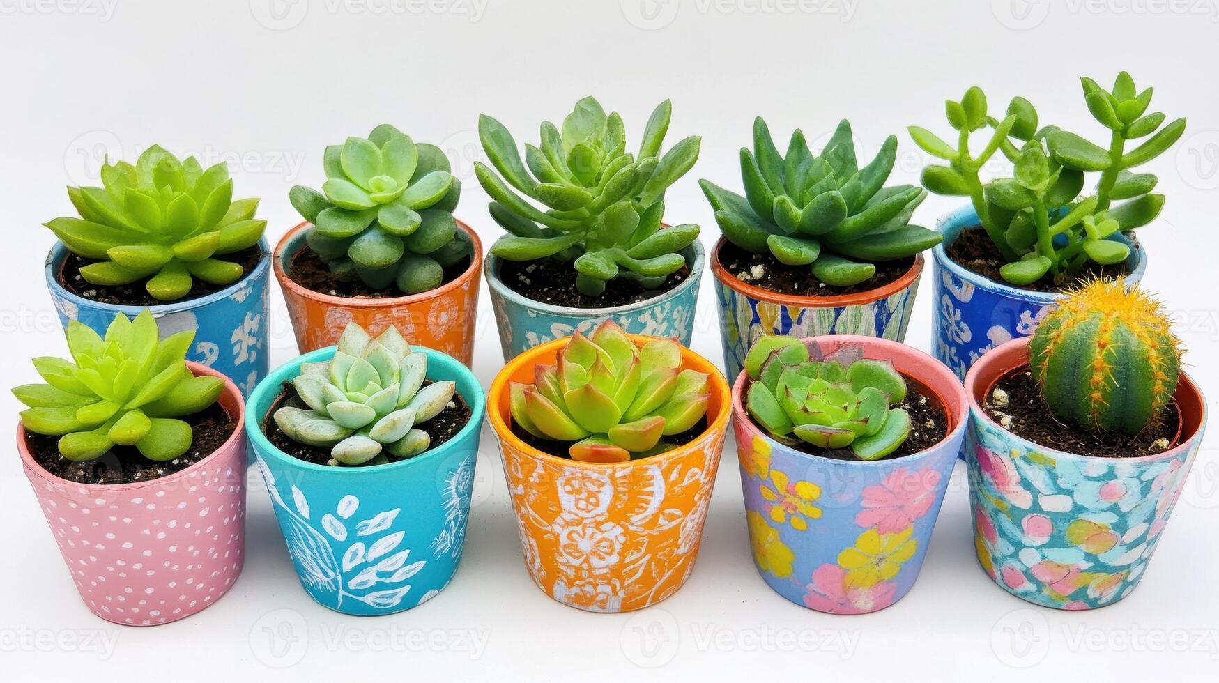 Colorful collection of potted succulents arranged in a decorative display with various patterns and vibrant colors photo