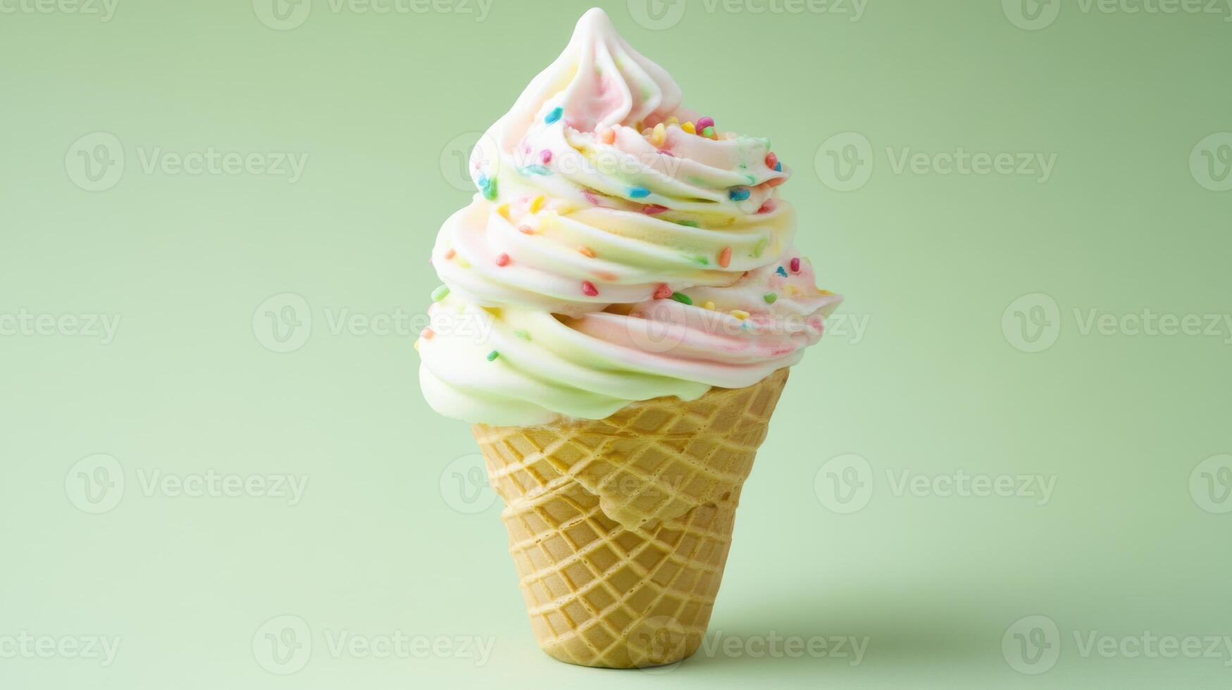 Colorful soft serve ice cream cone adorned with sprinkles against a pastel green background showcasing dessert appeal photo