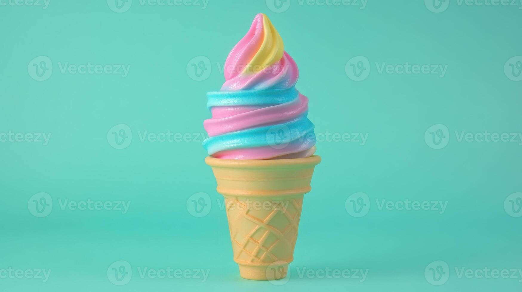 Colorful swirls of ice cream in a cone against a vibrant background create a playful dessert display photo