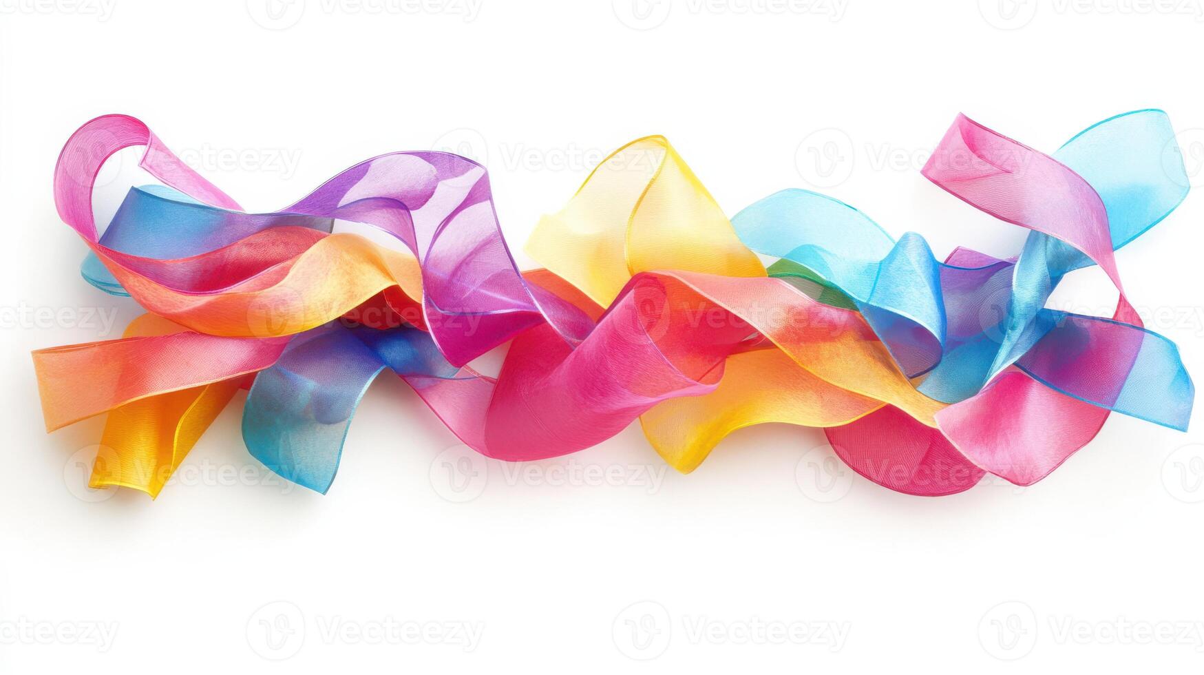 Colorful, translucent ribbons of various hues twisted together, creating an artistic display of light and shadow in bright daylight photo