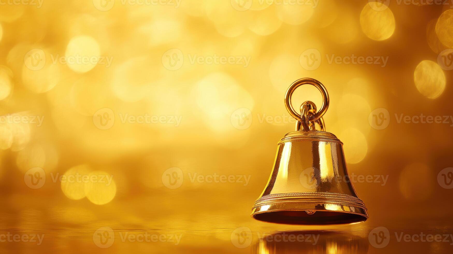 Golden bell shines brightly against a sparkling golden background creating a festive atmosphere photo