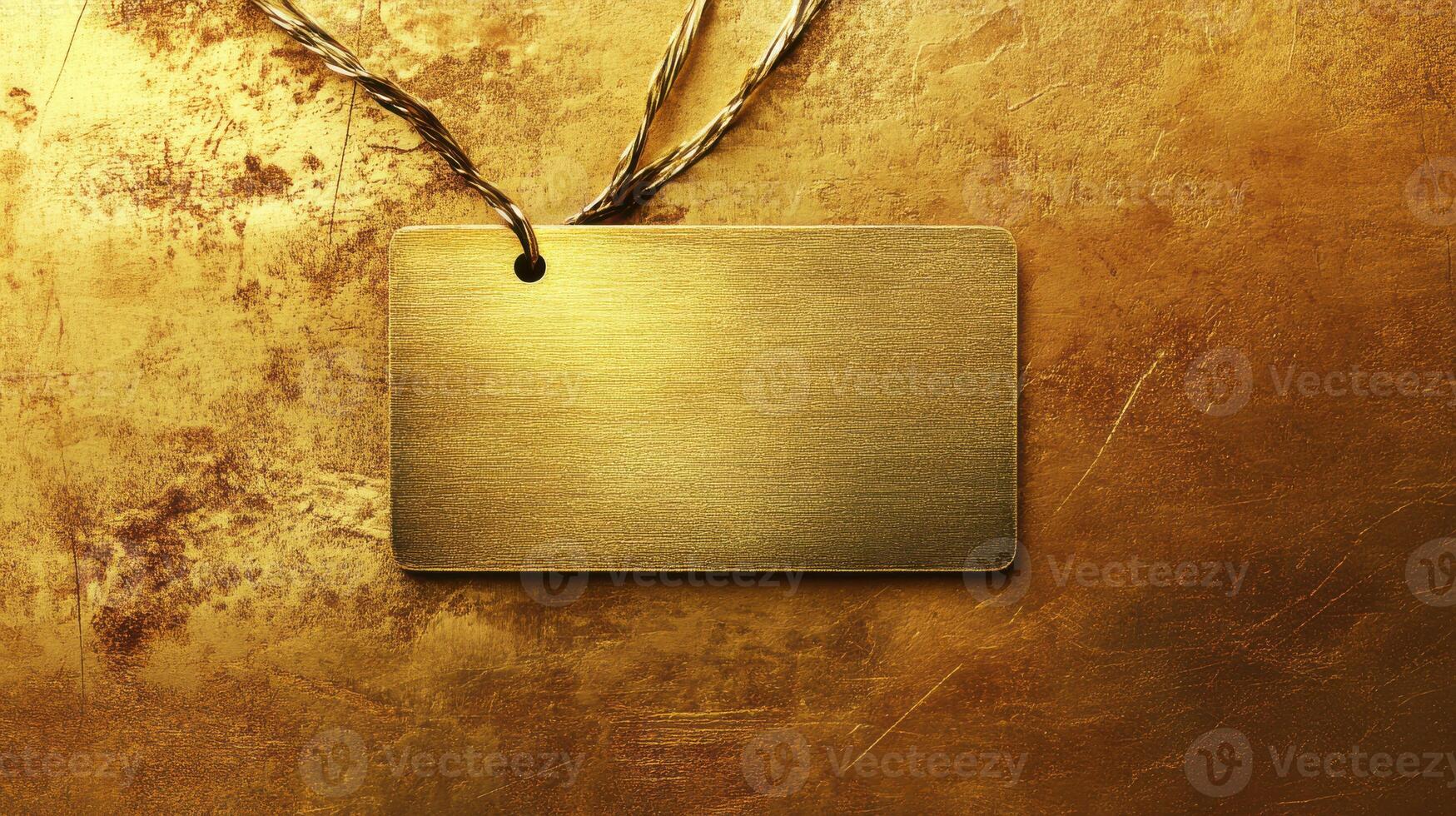 Gold blank label tag hanging on a textured golden surface depicting elegance and simplicity photo