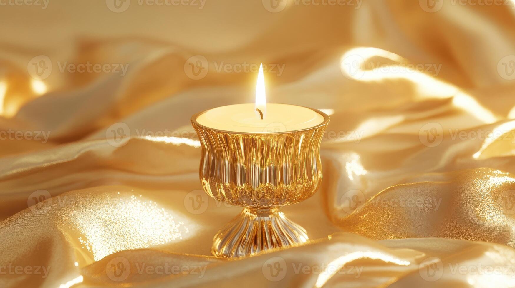 Elegant golden candle illuminating smooth golden fabric in a serene atmosphere during a cozy evening gathering photo