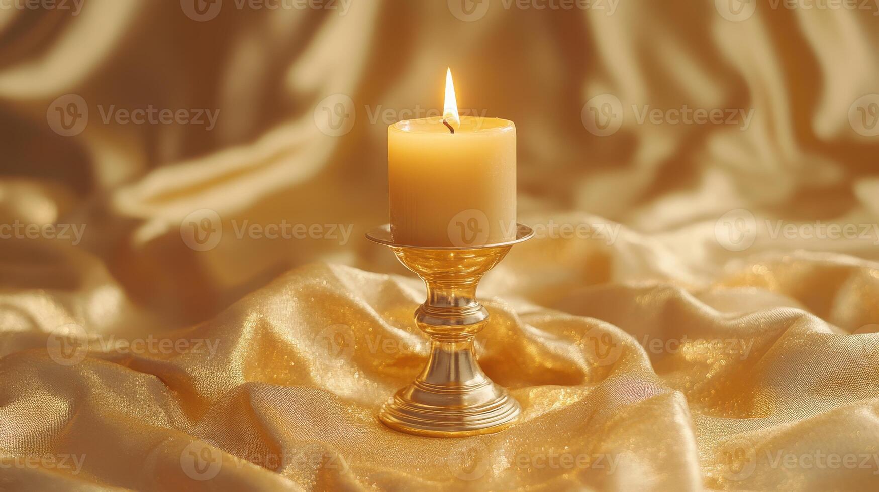 Elegant candle glowing softly on golden fabric, creating a warm and inviting atmosphere for relaxation photo