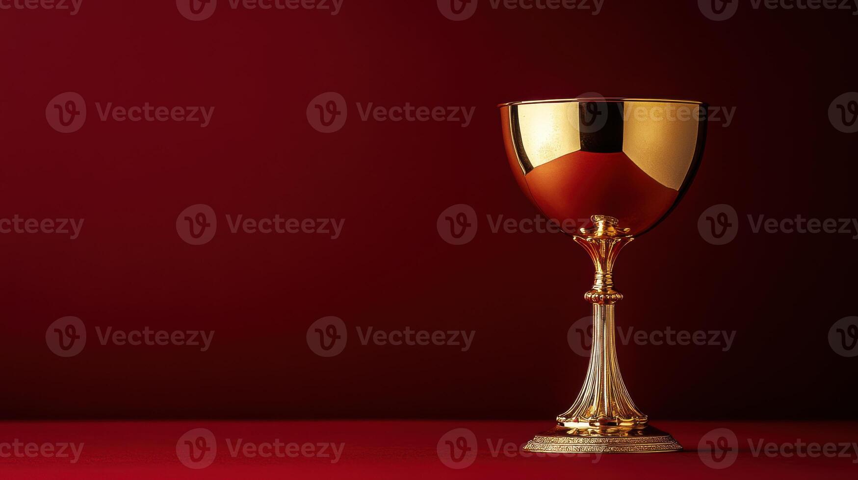 Elegant golden chalice displayed against a deep red background in a dimly lit setting highlighting its intricate details and craftsmanship photo