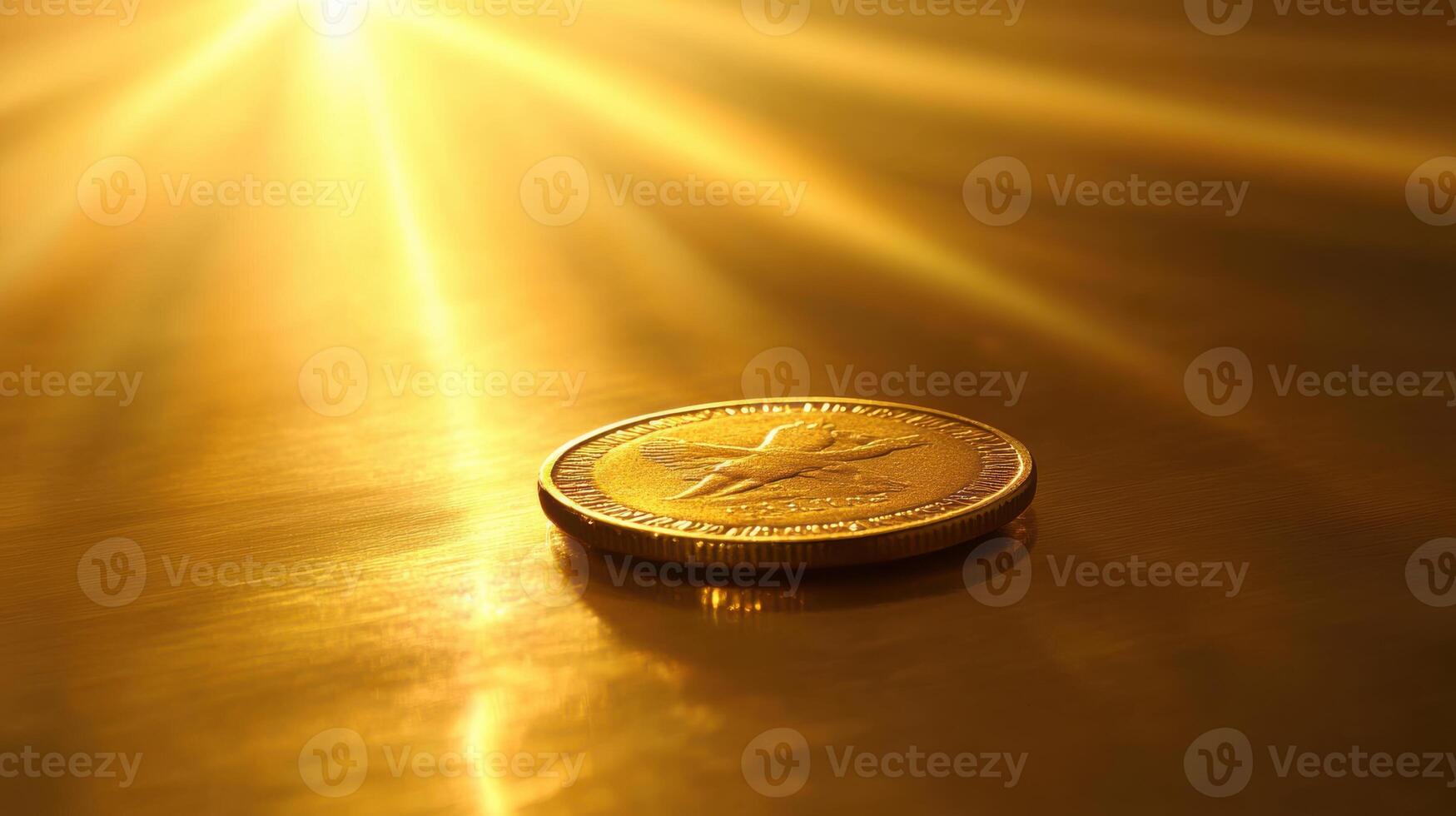 Glimmering gold coin illuminated by warm light on a reflective surface during late afternoon photo