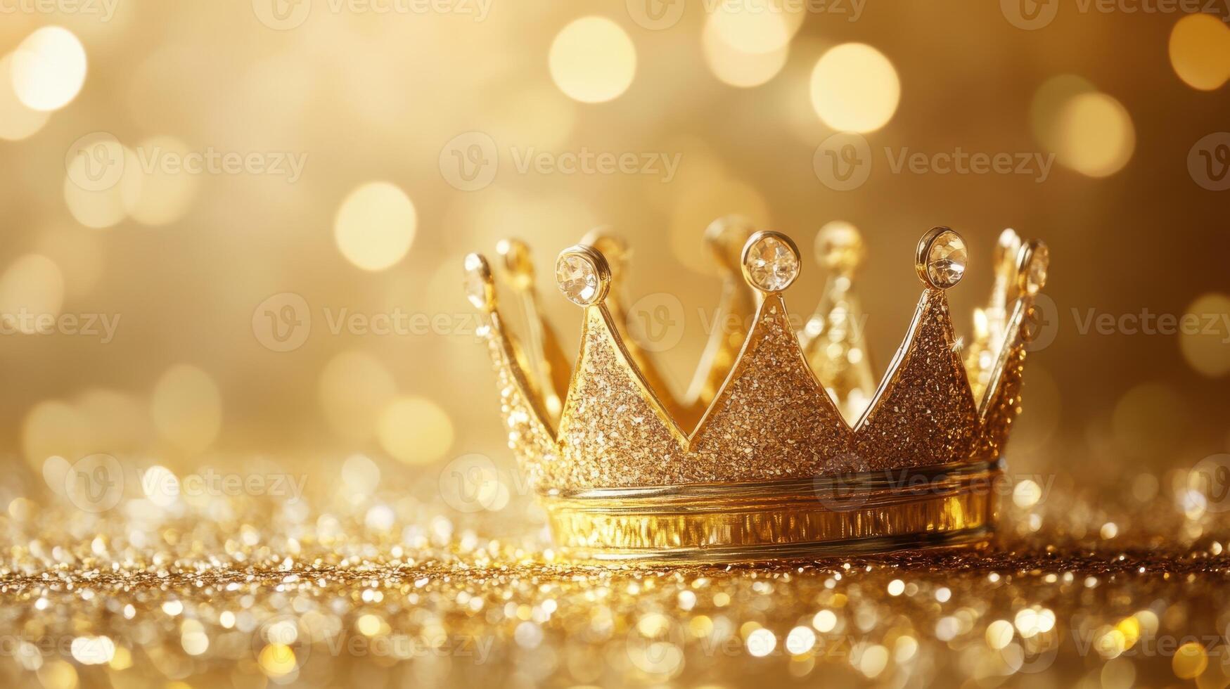 Crown sitting elegantly on a sparkling golden surface under soft golden light photo