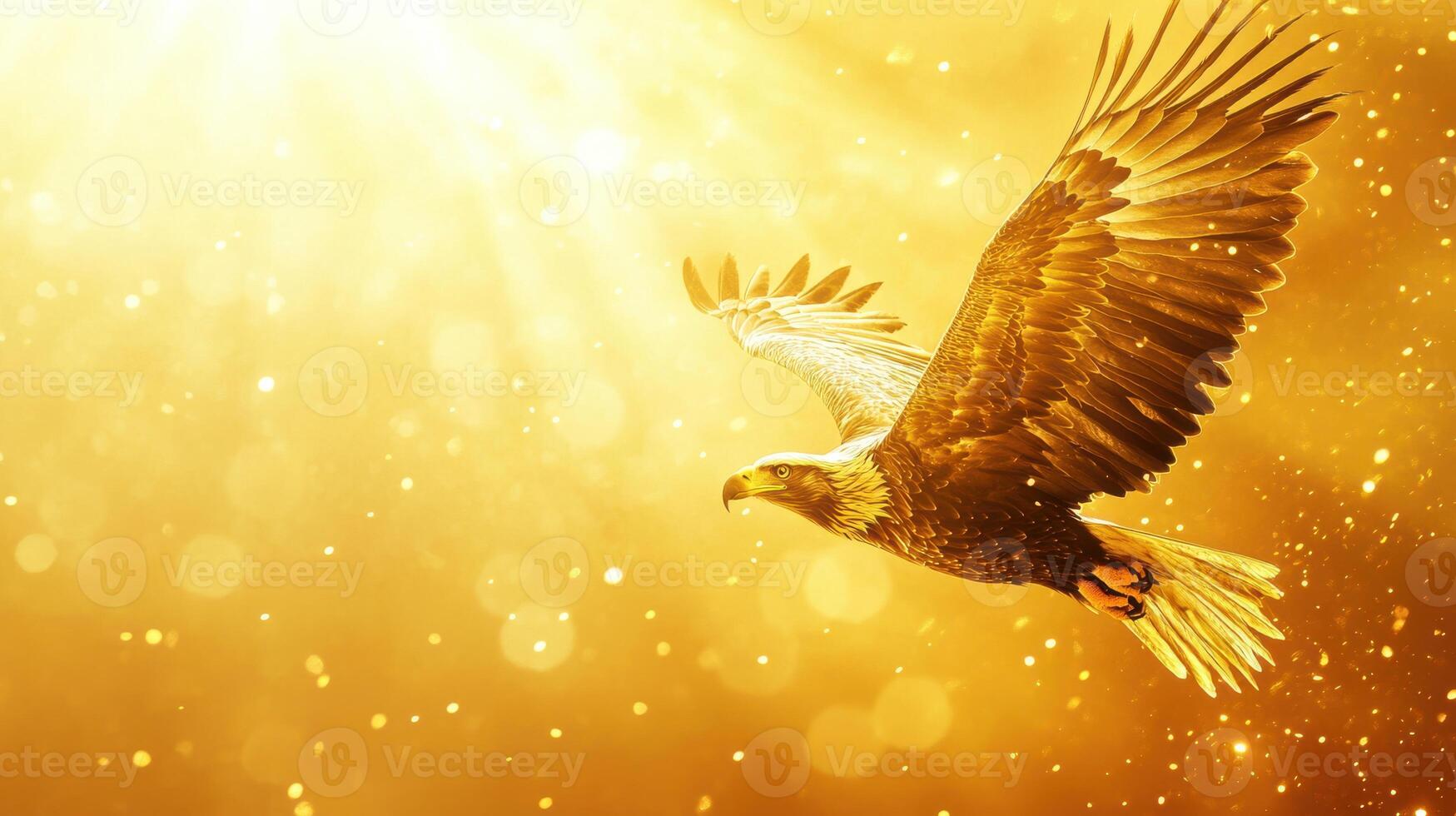 Majestic eagle soaring through golden sunlight with wings extended in flight photo