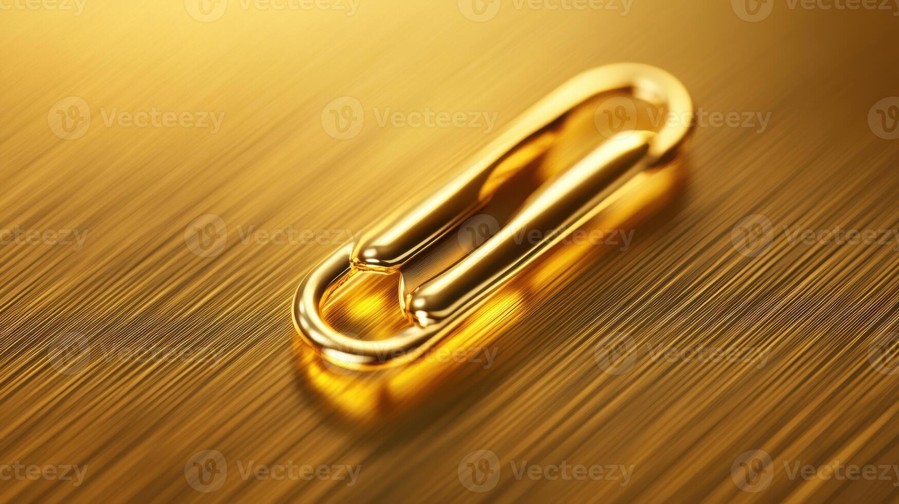 Elegant golden paperclip resting on a polished surface with soft lighting showcasing its shine and texture photo