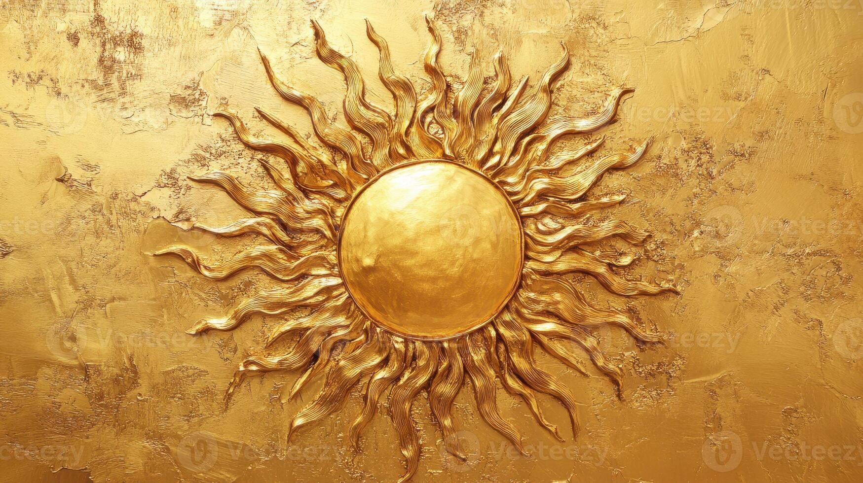 Beautiful golden sun motif with intricate rays displayed on textured wall for artistic ambiance photo