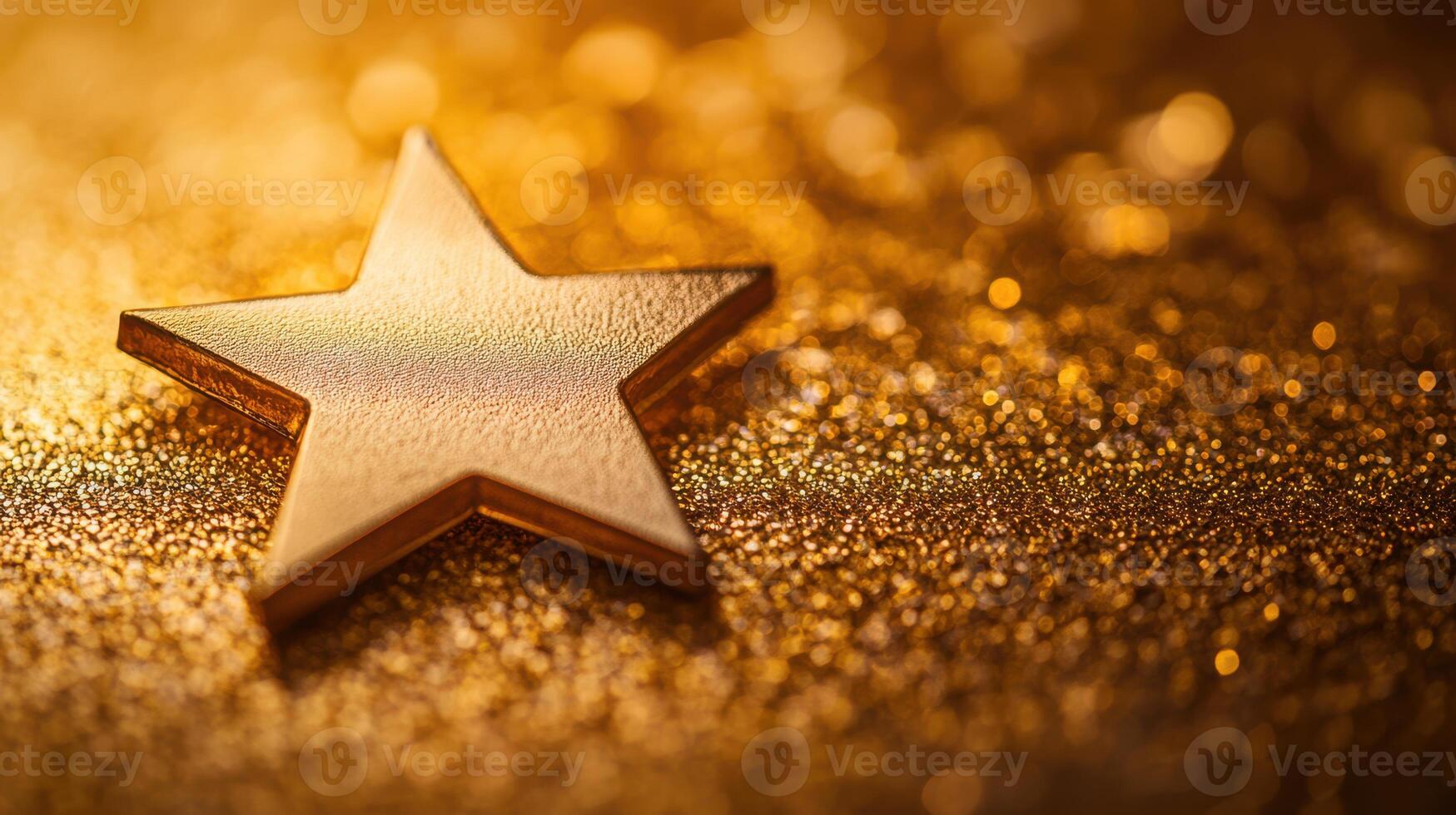 Golden star ornament on shimmering surface reflecting warm light in a festive atmosphere photo