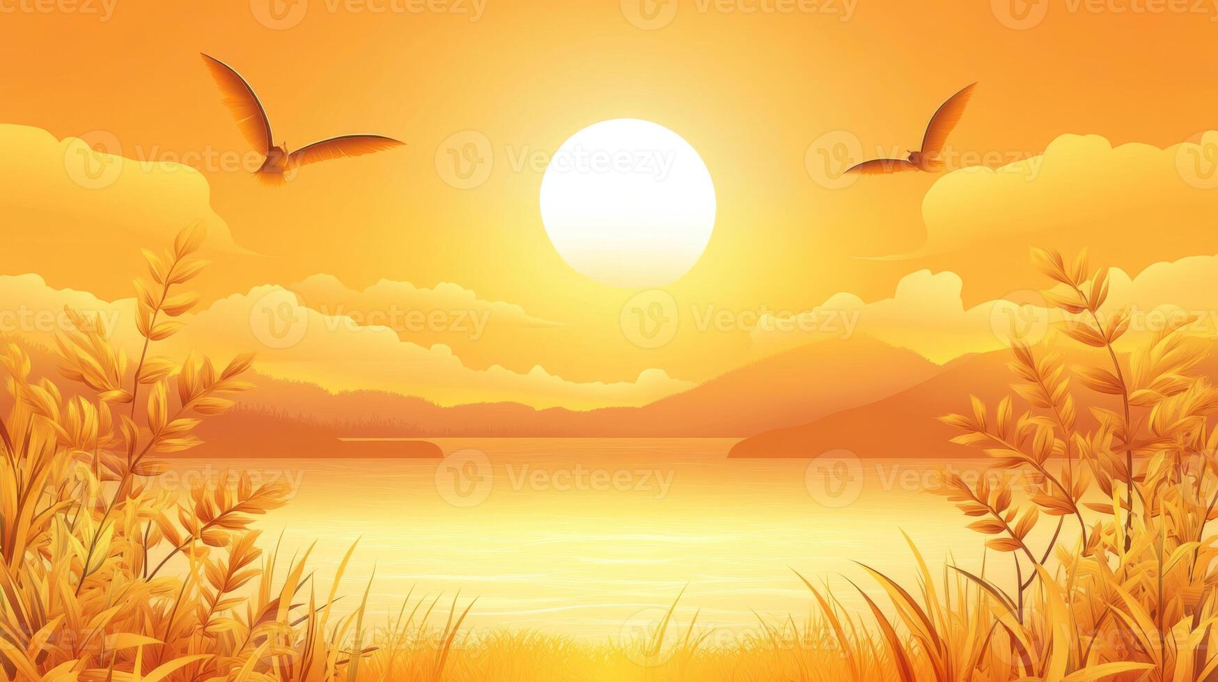 Golden sunset over tranquil lake with silhouettes of birds soaring in the sky and gentle hills in the background creating a serene landscape photo