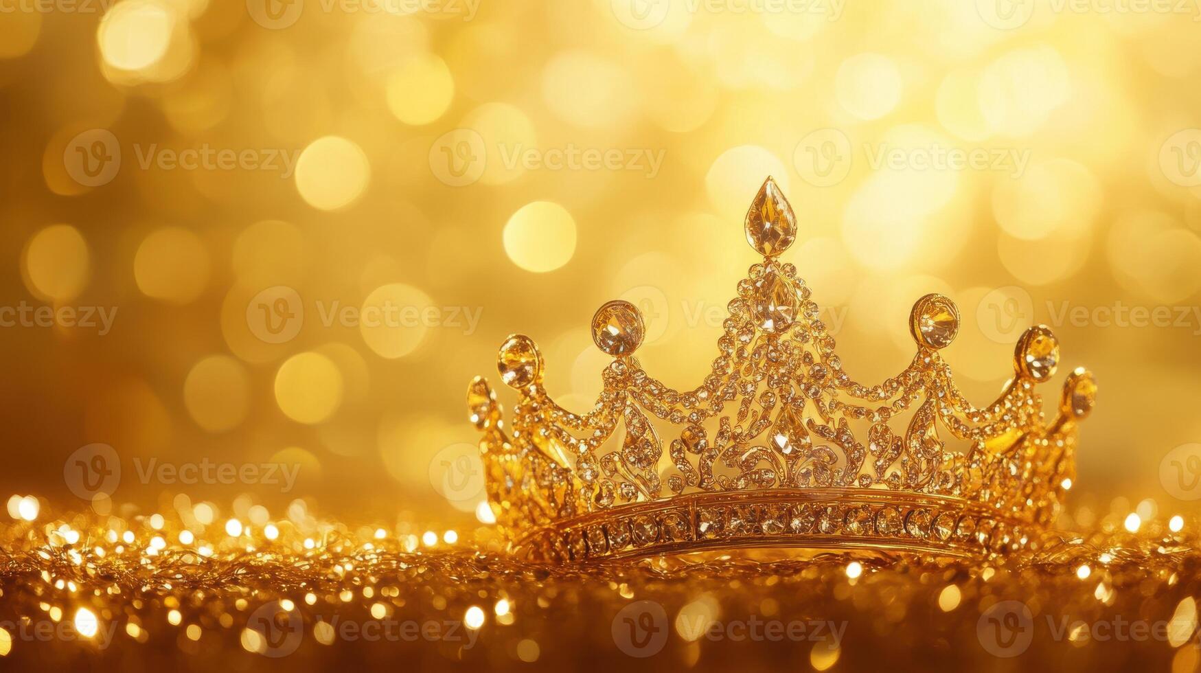 Golden crown sparkling on a bed of shimmering gold, creating an atmosphere of luxury and elegance photo