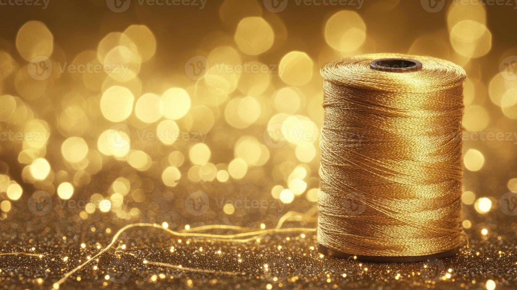 Golden thread spool glows against sparkling background during a crafting session in a cozy indoor space photo