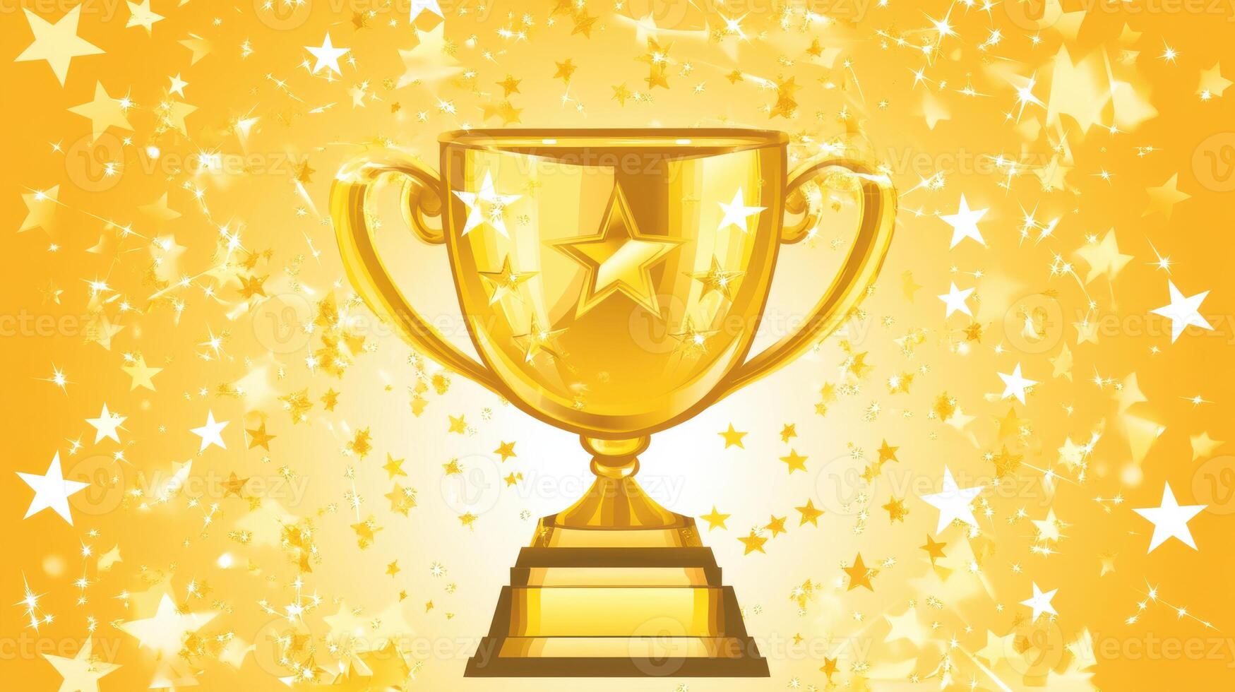 Celebratory golden trophy surrounded by stars on a bright yellow background photo