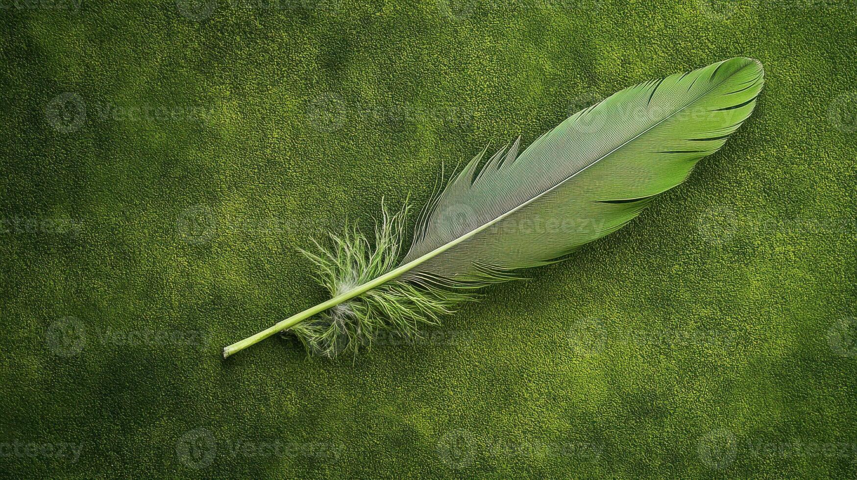 Vibrant green feather against a soft green background showcasing natural textures and colors photo