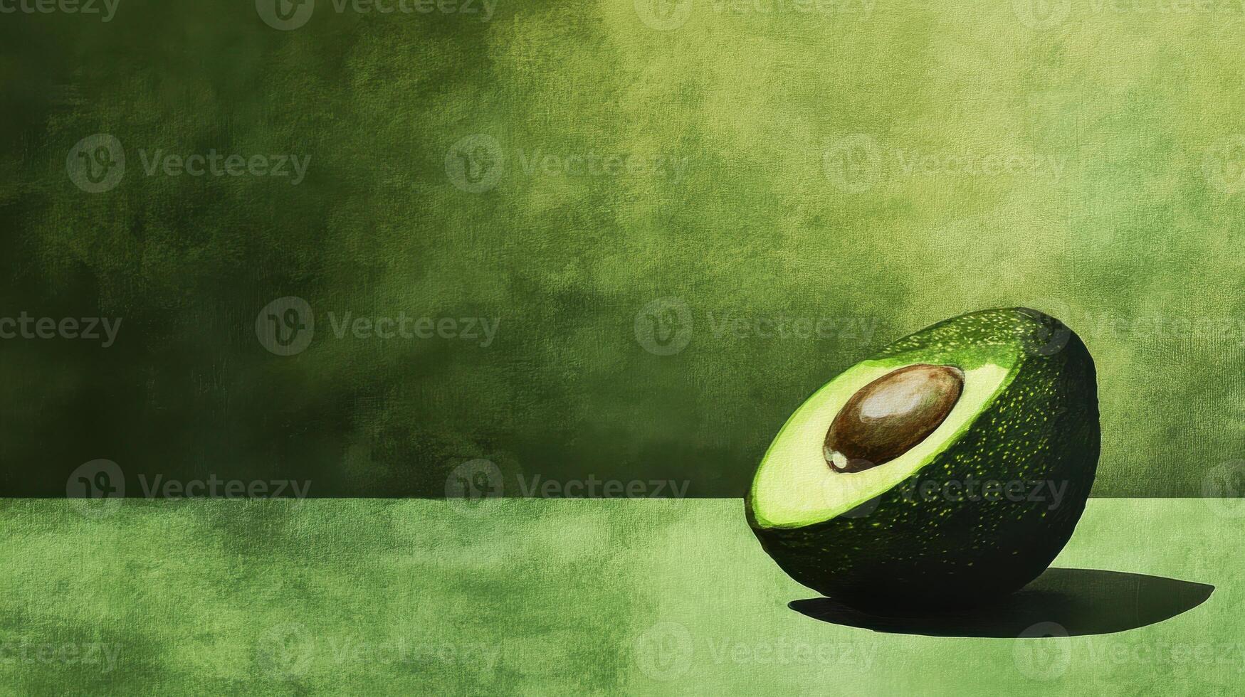Fresh avocado half resting on a textured green surface with natural light illuminating its vibrant color photo