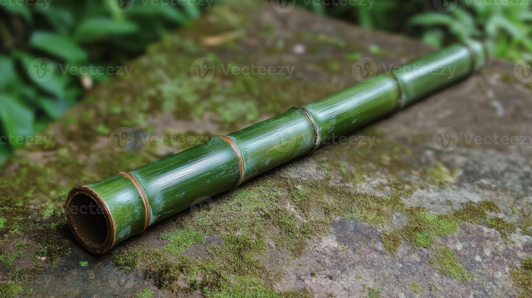 Bamboo flute resting on a mossy stone in a serene forest setting under soft natural light photo