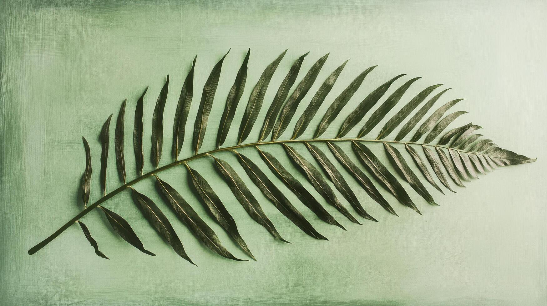 Large green fern leaf placed on a light green background showcasing its intricate structure and texture photo