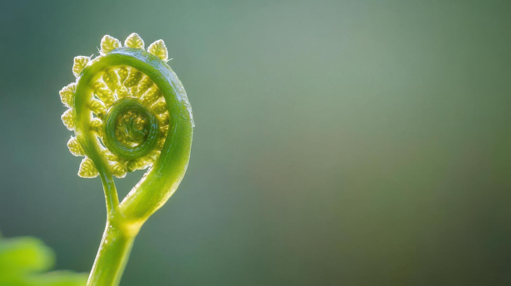 Unique and intricate green fern frond emerging in a serene natural setting during the early morning light photo