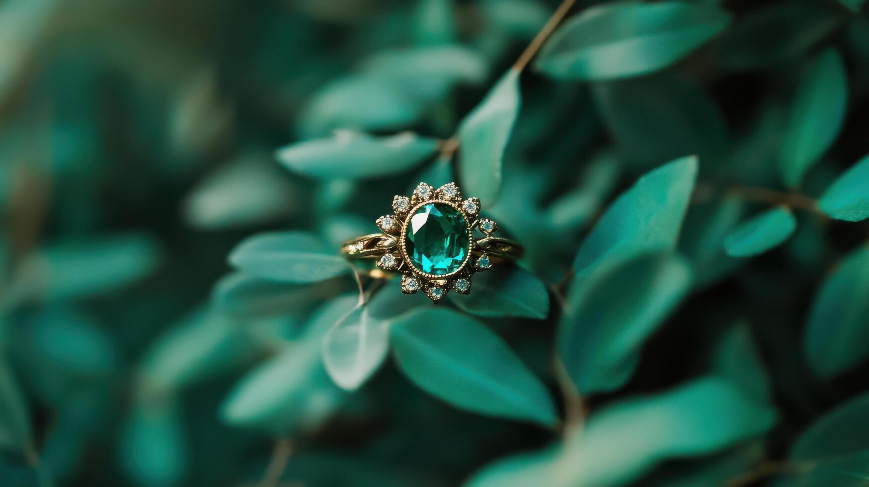 Beautiful emerald ring surrounded by lush green leaves in a serene natural setting photo