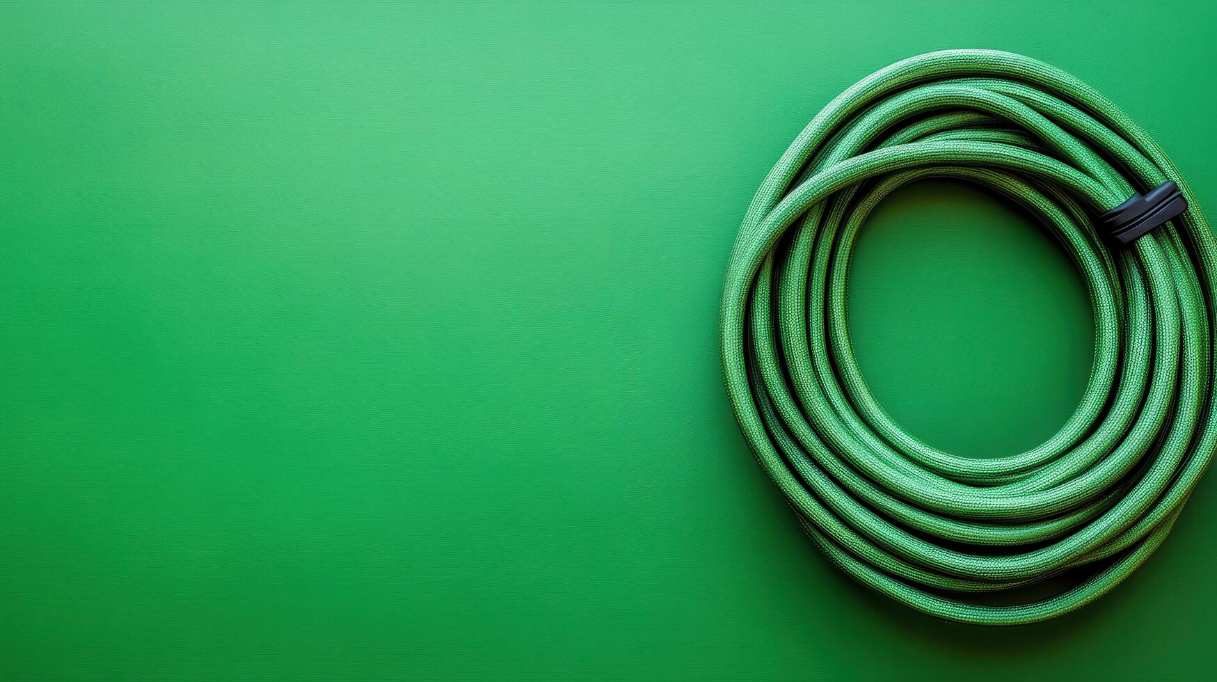 Green garden hose neatly coiled on a smooth green surface, ideal for watering plants and maintaining a vibrant garden photo