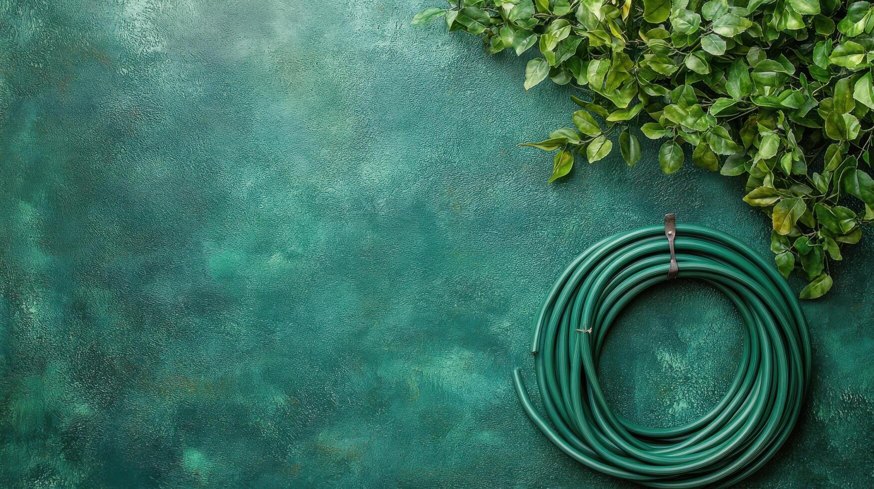 Green garden hose and fresh leaves on a textured surface create a calming natural vibe for outdoor spaces photo