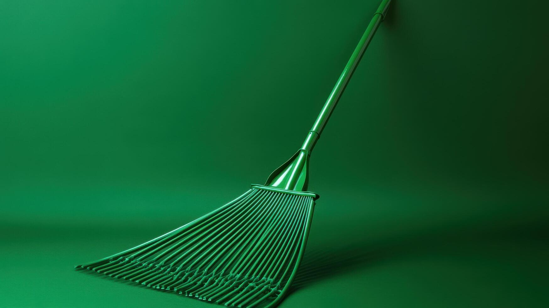 Green garden rake resting against a smooth green background displays its long tines and sturdy handle for gardening enthusiasts photo
