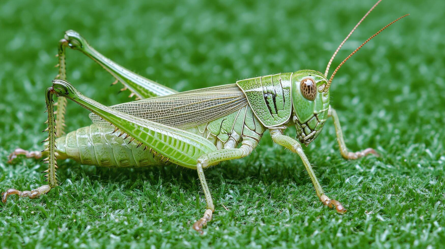 Green grasshopper resting on lush grass during a sunny day in a garden photo