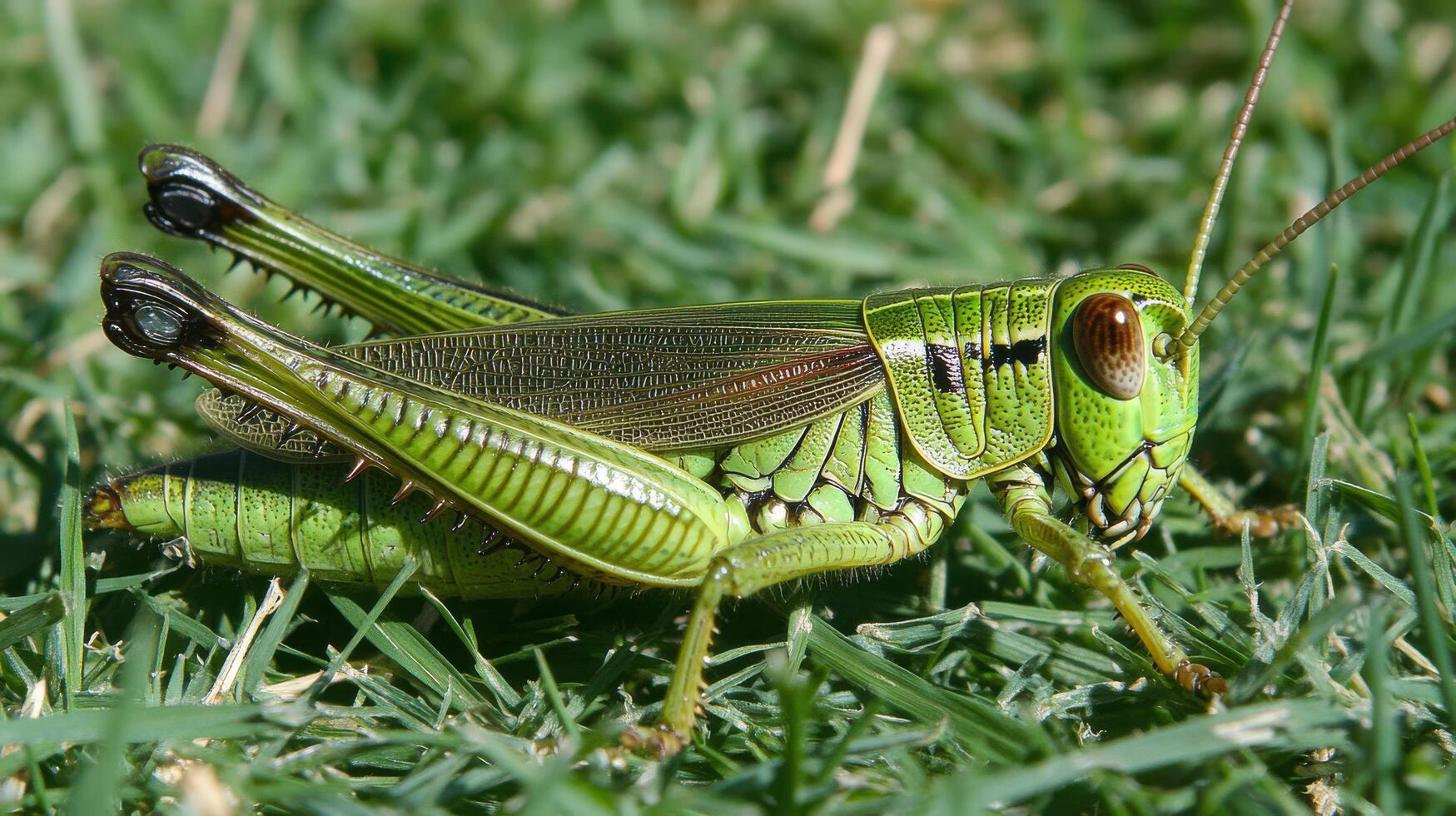 Green grasshopper on blades of grass under sunlight in a natural environment during midday photo