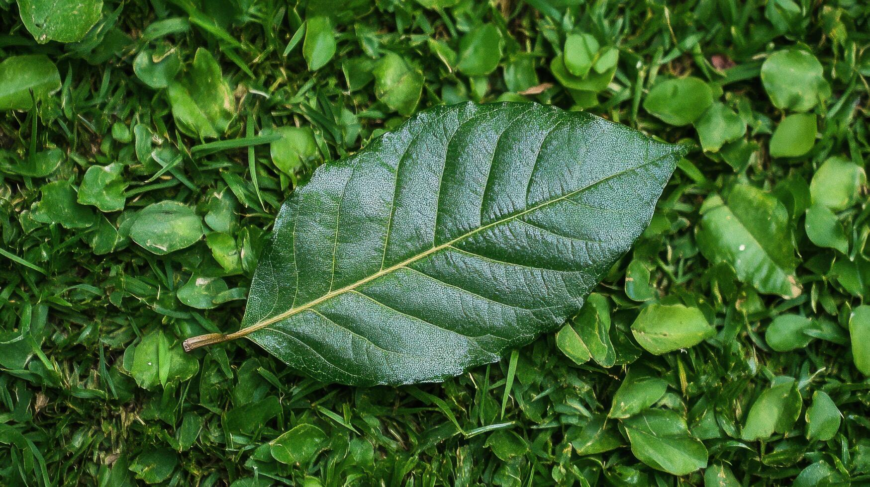 Leaf resting on lush green grass in a serene outdoor setting captured during daylight hours photo