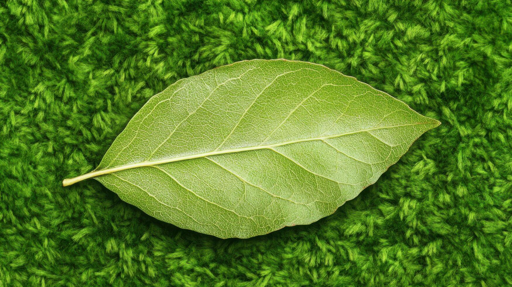 Fresh green bay leaf resting on vibrant artificial grass background under natural light in a peaceful setting photo