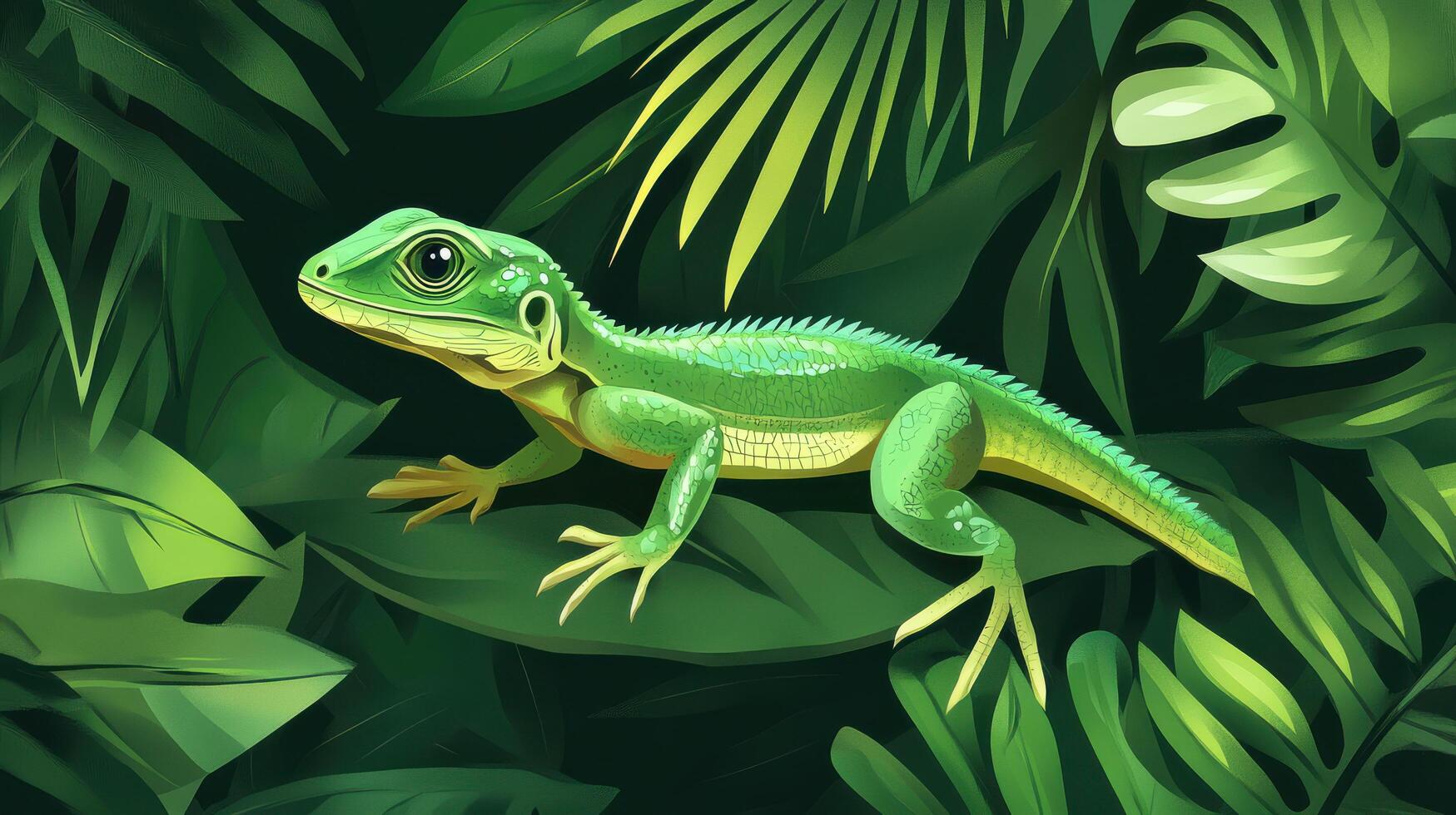 Vibrant green lizard resting among lush tropical plants in a dense rainforest habitat photo
