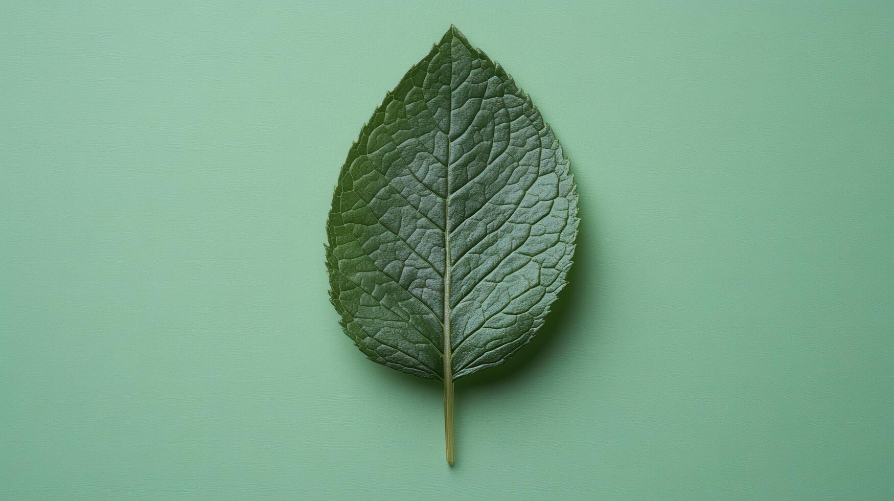 Close up of a vibrant green leaf on a soft green background highlighting its natural texture and details of veins photo