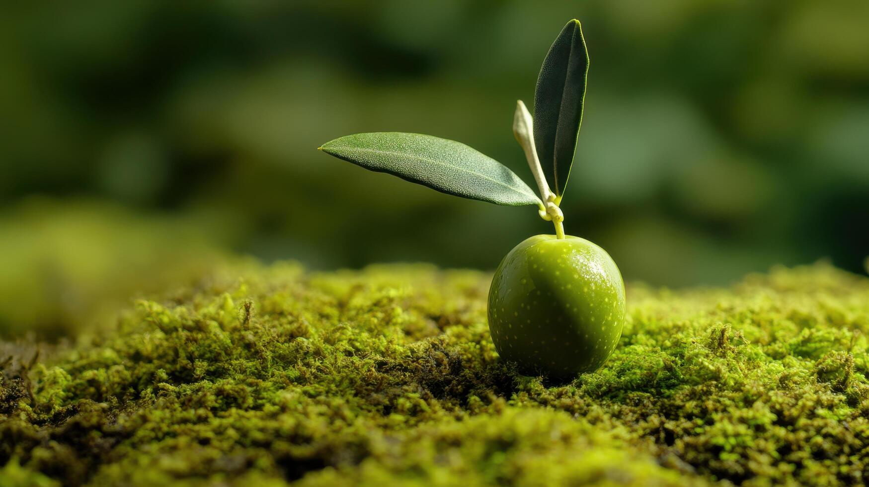 Olive fruit grows on mossy ground with fresh green leaves in a serene natural setting photo