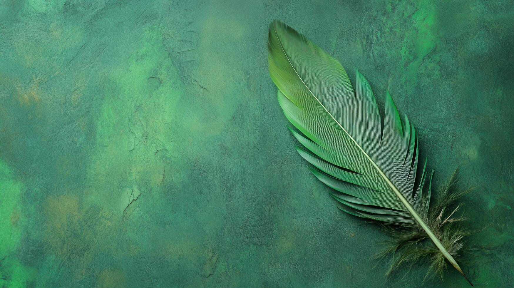 Vibrant green feather resting on textured green background in serene natural setting photo
