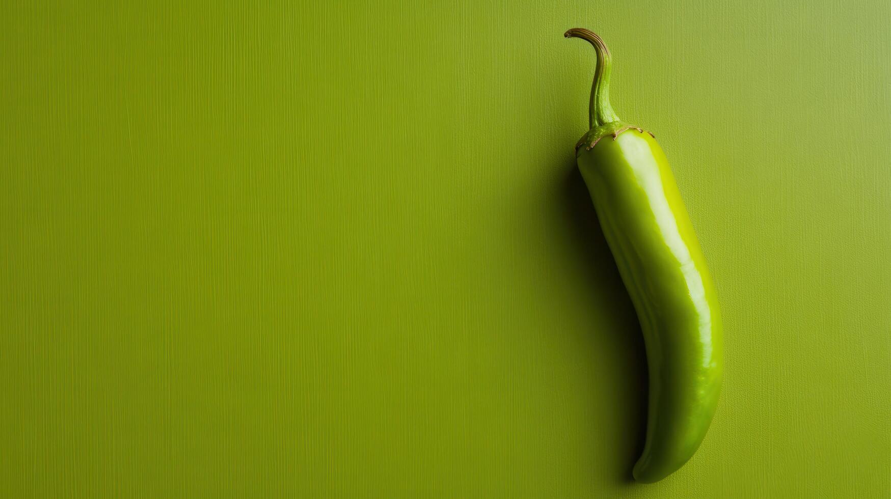 Green chili pepper resting on a textured green surface highlighting its vibrant color and smooth form photo