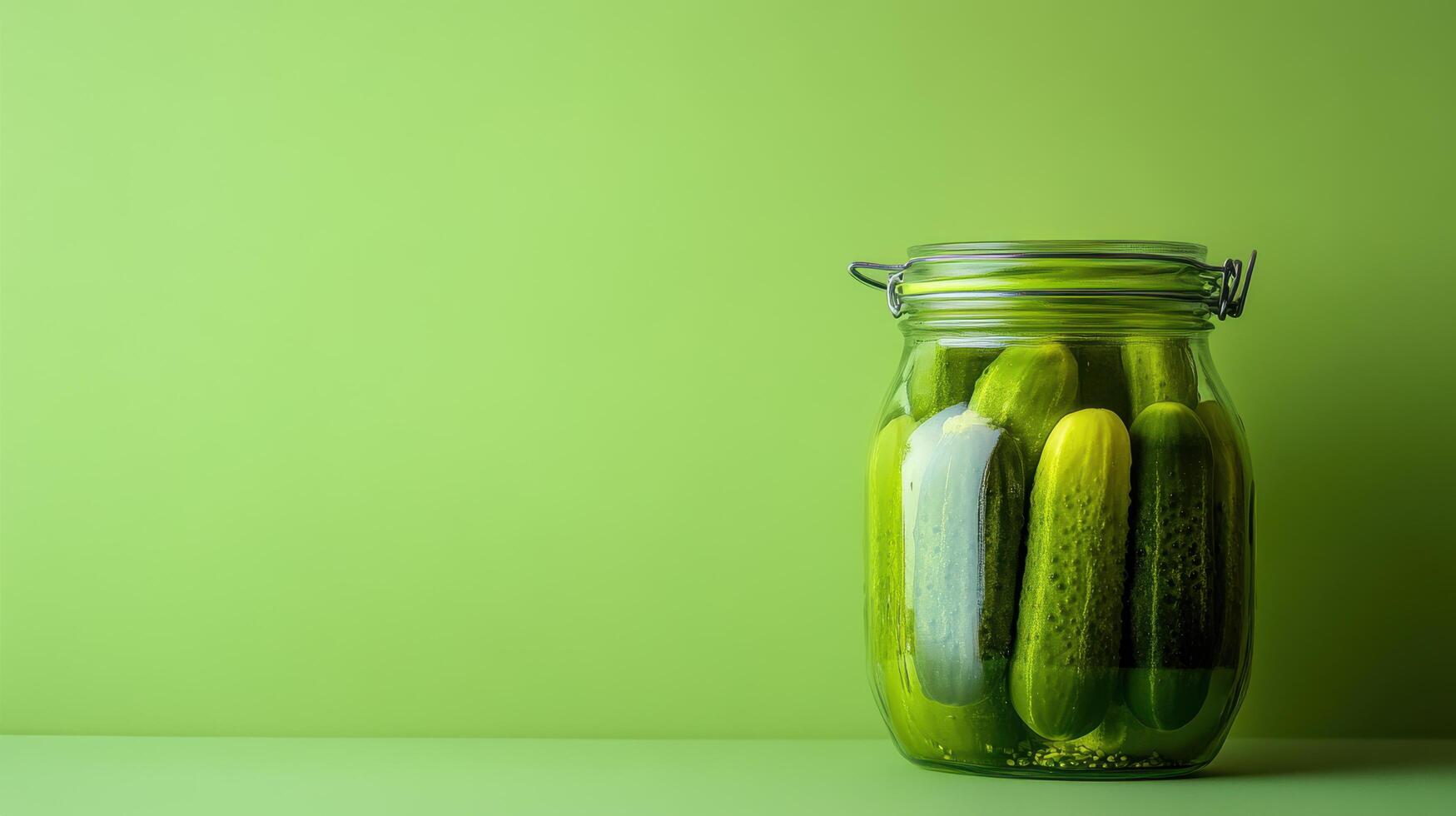 Freshly pickled cucumbers in a glass jar against a vibrant green background photo