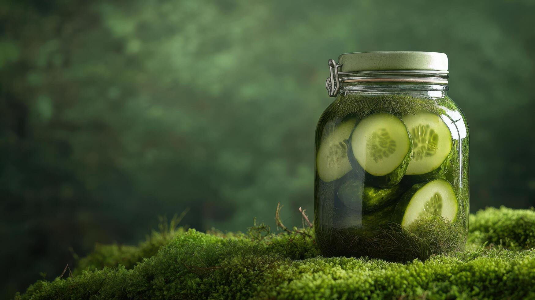Fresh cucumbers in a jar resting on vibrant green moss in a serene natural setting at dusk photo