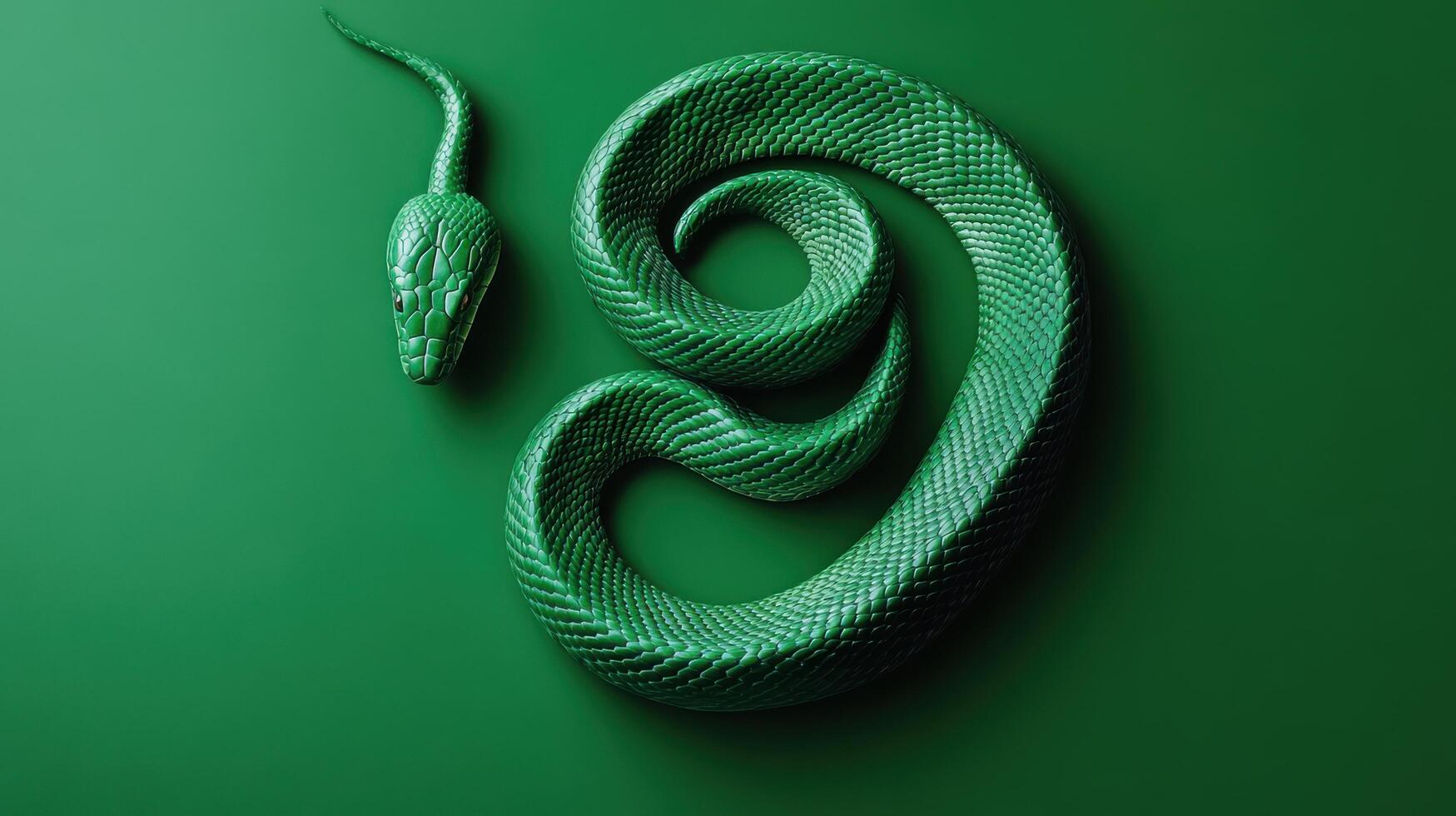 Green snake on a smooth green background showcasing its graceful curve and texture in a minimalist setting photo