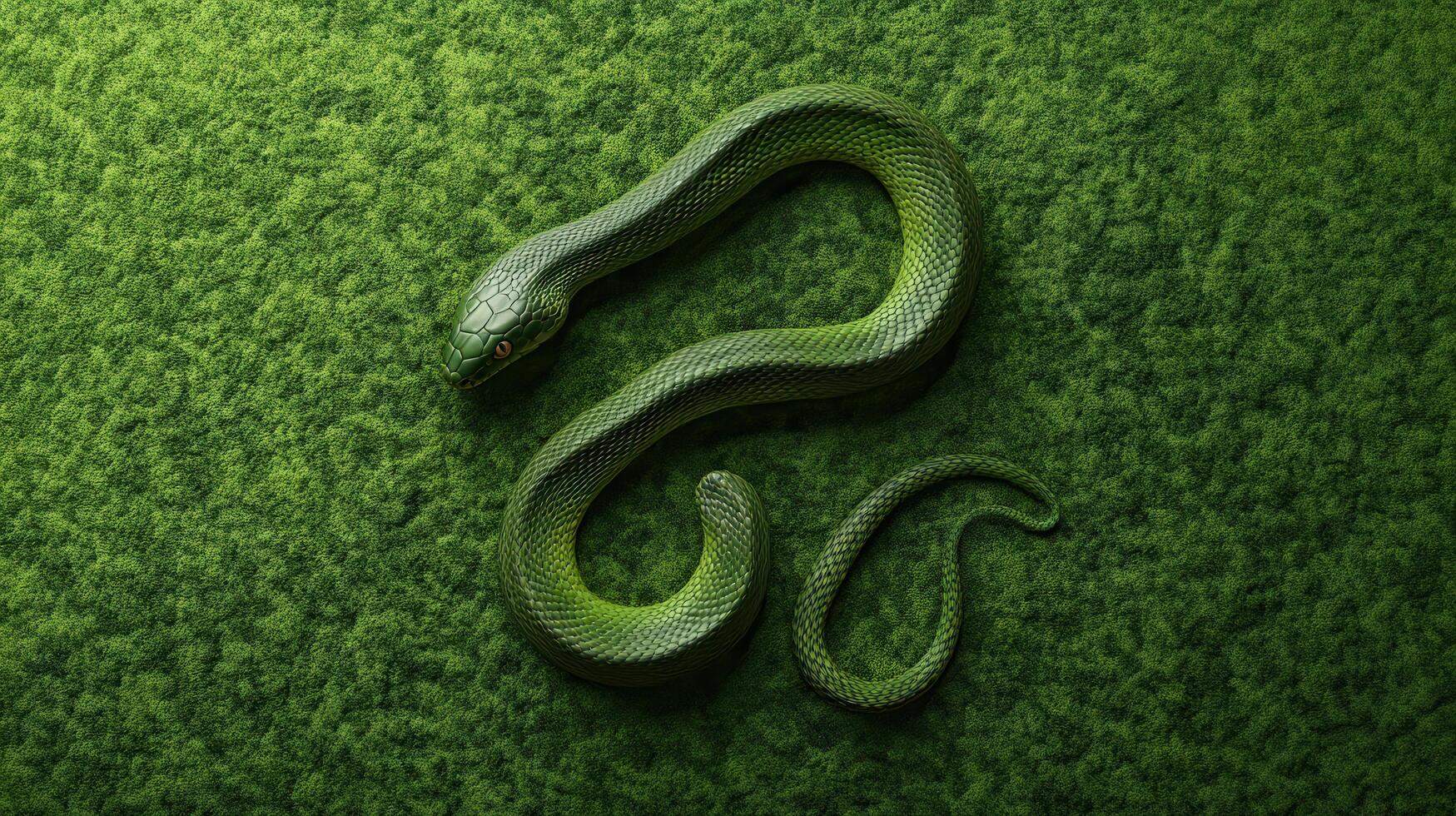 Green snake resting on lush moss in a serene natural setting during daylight hours photo