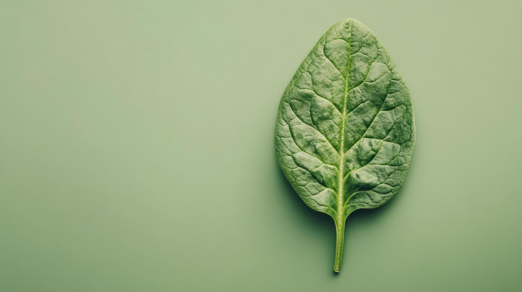 Fresh spinach leaf resting on a smooth green surface highlighting its texture and natural color variations photo