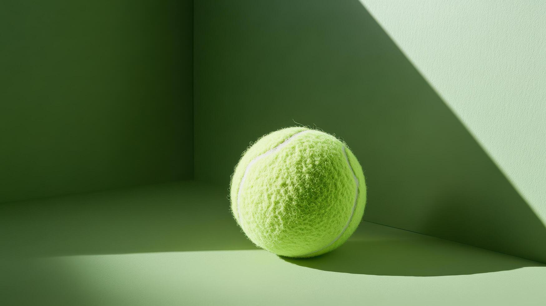Bright green tennis ball resting in a minimalist corner with dramatic shadow play during daylight photo