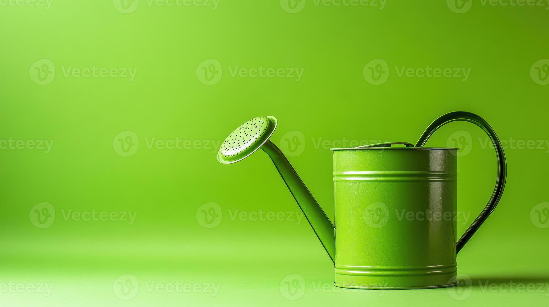 Bright green watering can on vibrant green background for gardening enthusiasts photo