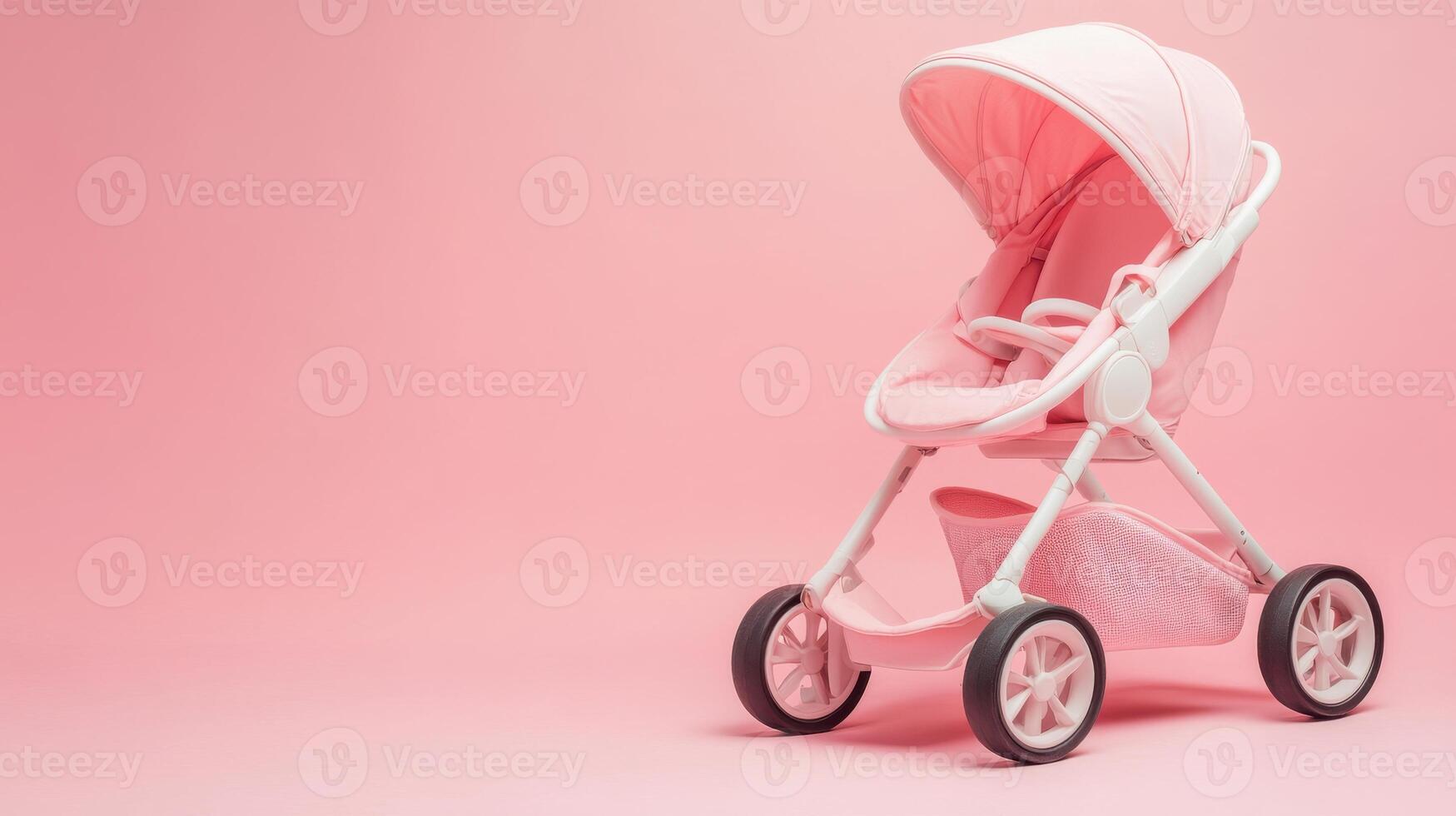 Pink stroller displayed against a soft pink backdrop, showcasing a stylish and modern design for infants and toddlers photo