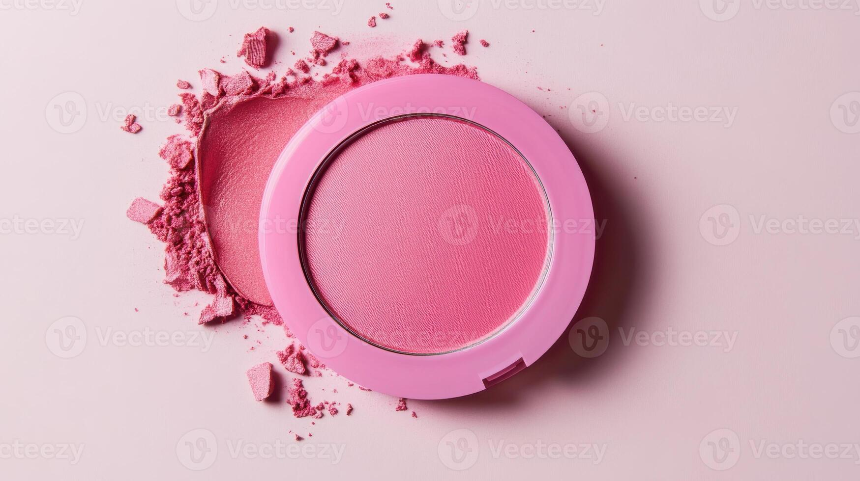 Soft pink blush powder with scattered residue on a light background captures the essence of beauty products for makeup enthusiasts photo