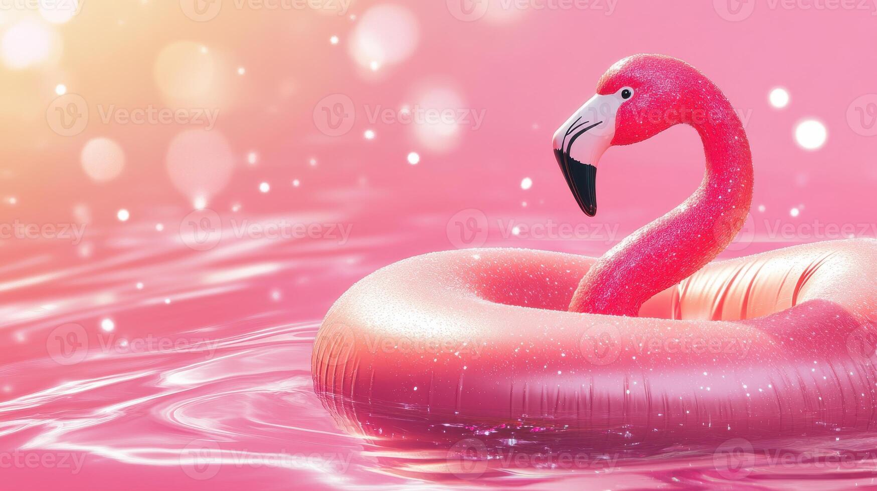 A pink flamingo floating in the water photo