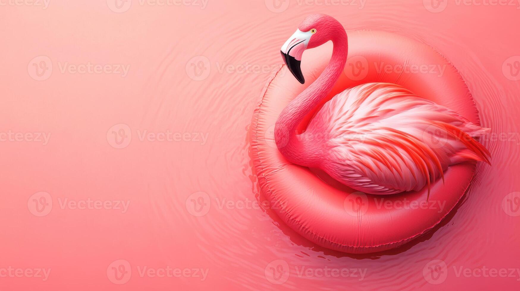 A pink flamingo floating on an inflatable ring photo